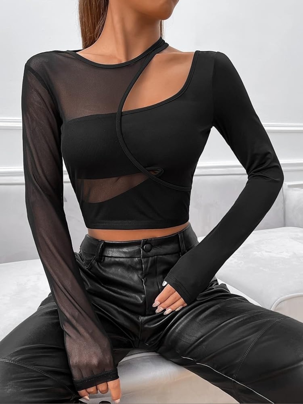 Princess Polly Black Asymmetrical Long Sleeve Mesh Crop Top- Includes Mesh Only